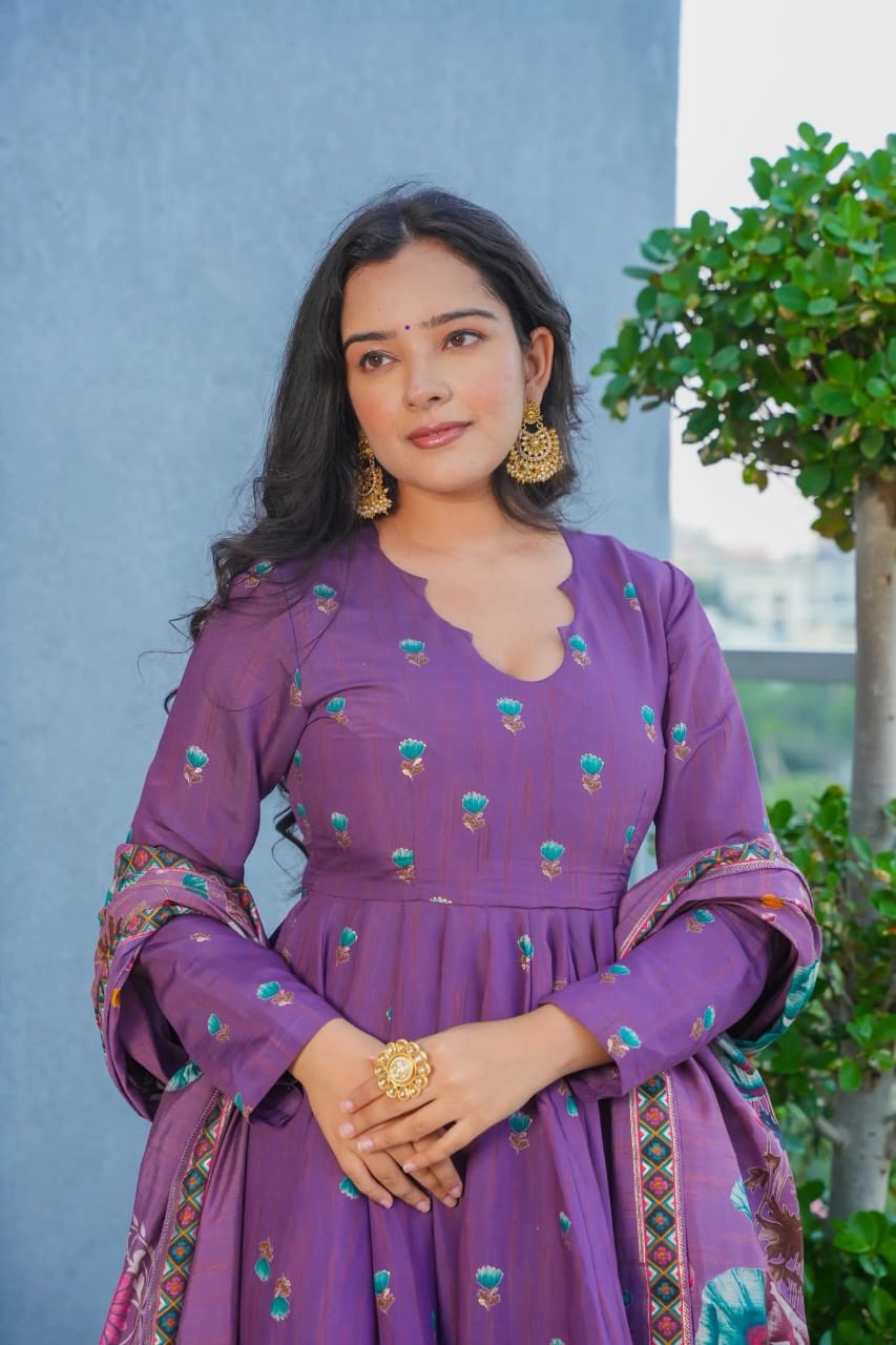 Purple Floral Printed Muslin Suit Set