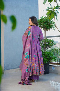 Purple Floral Printed Muslin Suit Set