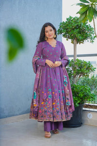 Purple Floral Printed Muslin Suit Set