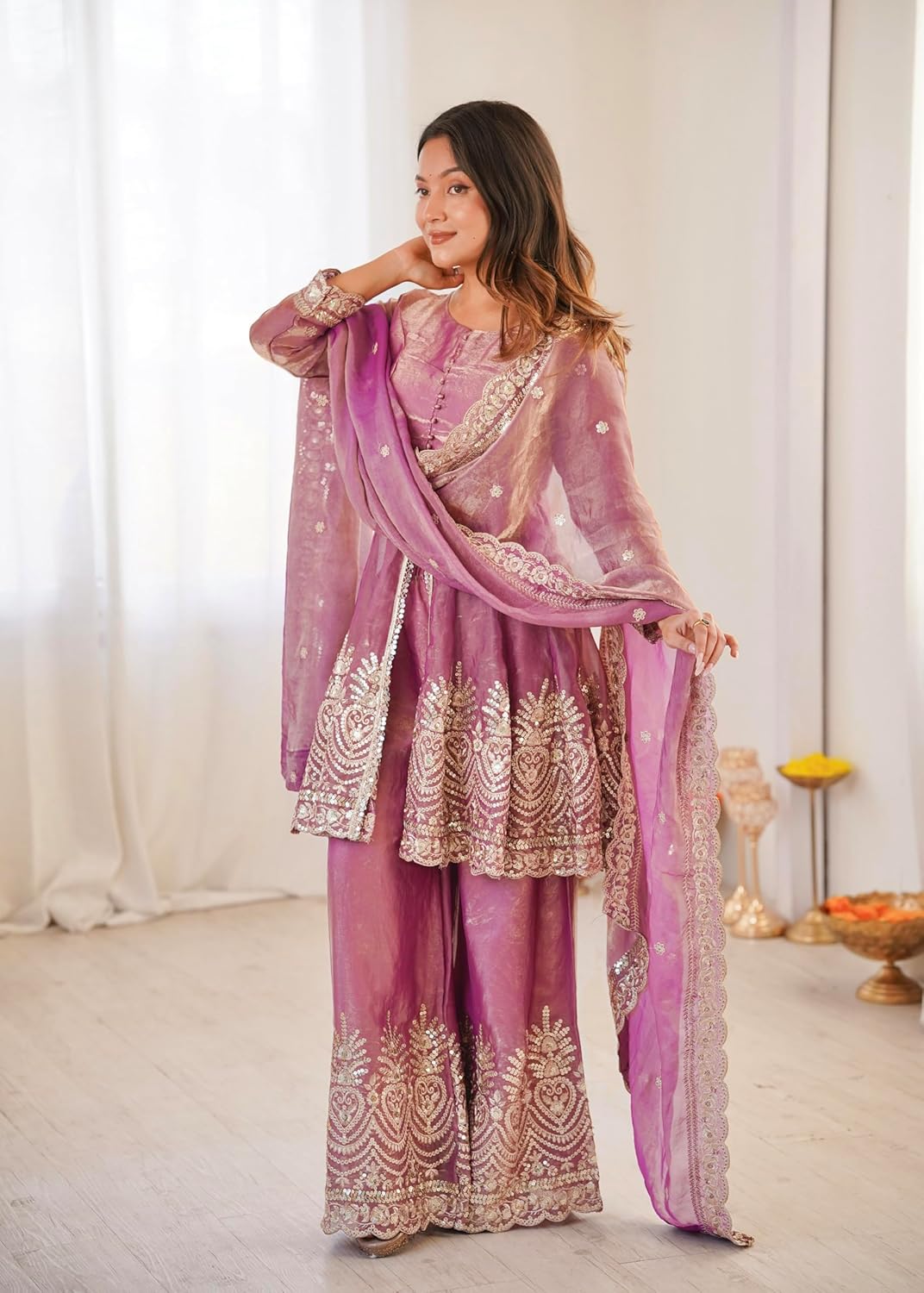 Pink Embroidered Chartin Peplum Palazzo Suit Set