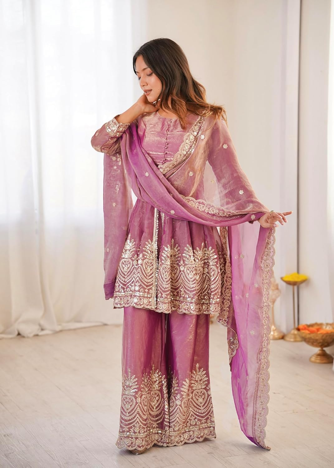 Pink Embroidered Chartin Peplum Palazzo Suit Set