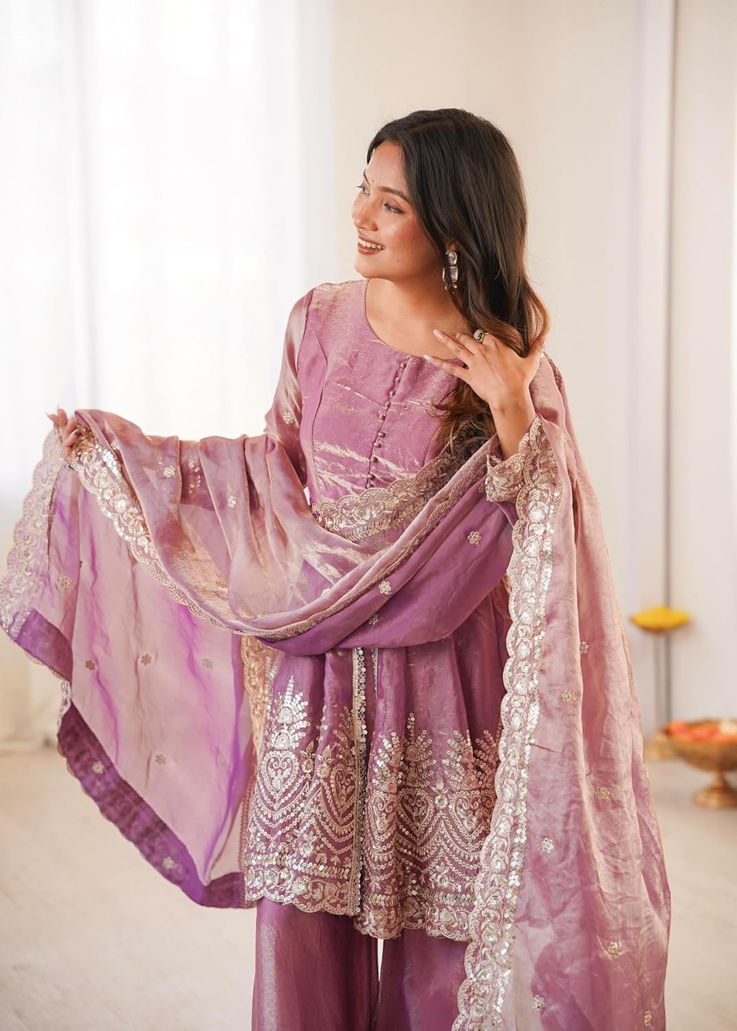 Pink Embroidered Chartin Peplum Palazzo Suit Set