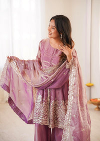 Pink Embroidered Chartin Peplum Palazzo Suit Set