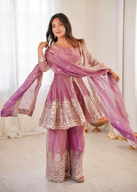 Pink Embroidered Chartin Peplum Palazzo Suit Set