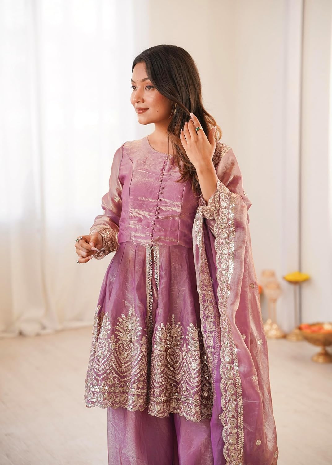 Pink Embroidered Chartin Peplum Palazzo Suit Set