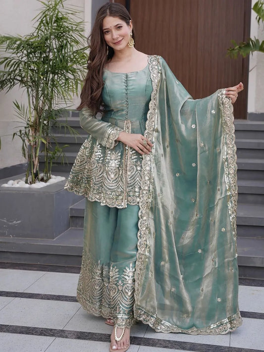 Sky Blue Embroidered Chartin Peplum Palazzo Suit Set