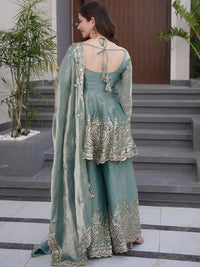 Sky Blue Embroidered Chartin Peplum Palazzo Suit Set