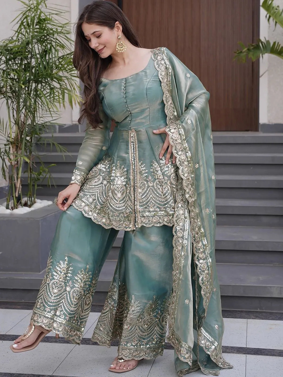 Sky Blue Embroidered Chartin Peplum Palazzo Suit Set