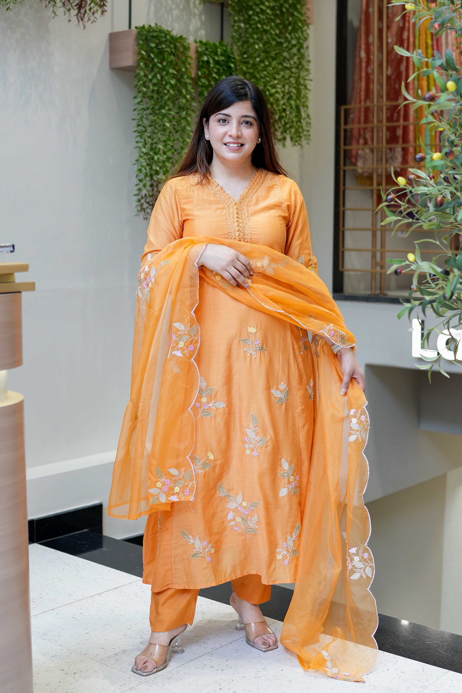 Sunshine Orange Embroidered Muslin Suit Set