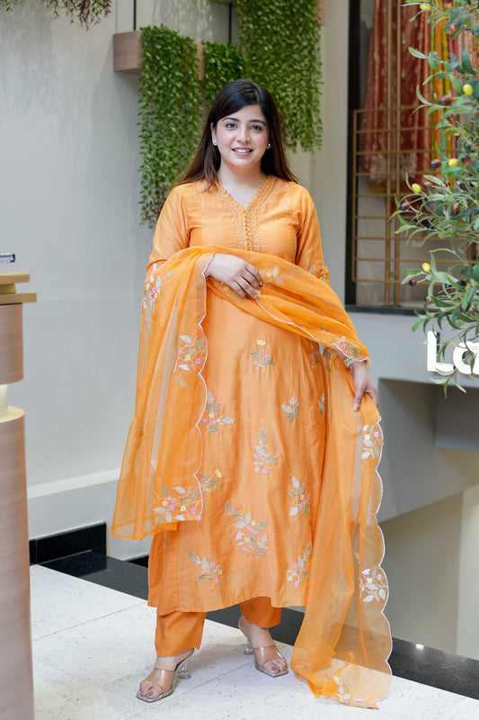 Sunshine Orange Embroidered Muslin Suit Set