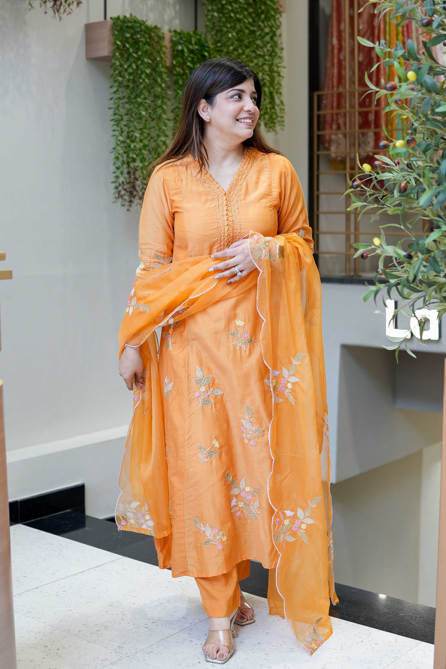 Sunshine Orange Embroidered Muslin Suit Set