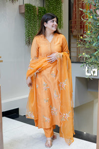 Sunshine Orange Embroidered Muslin Suit Set
