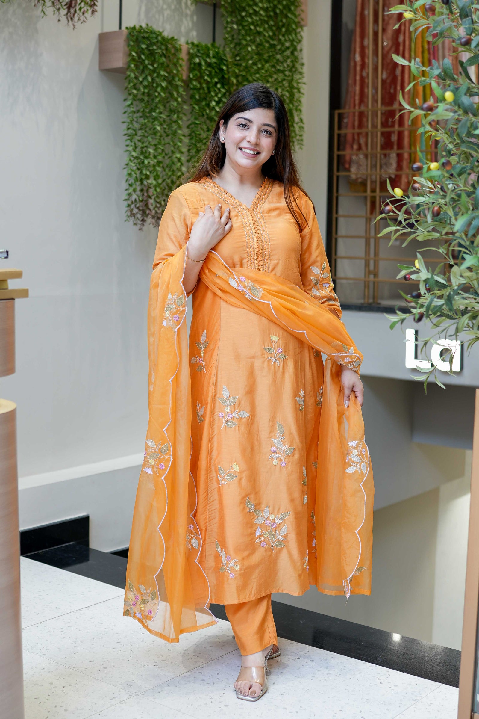 Sunshine Orange Embroidered Muslin Suit Set