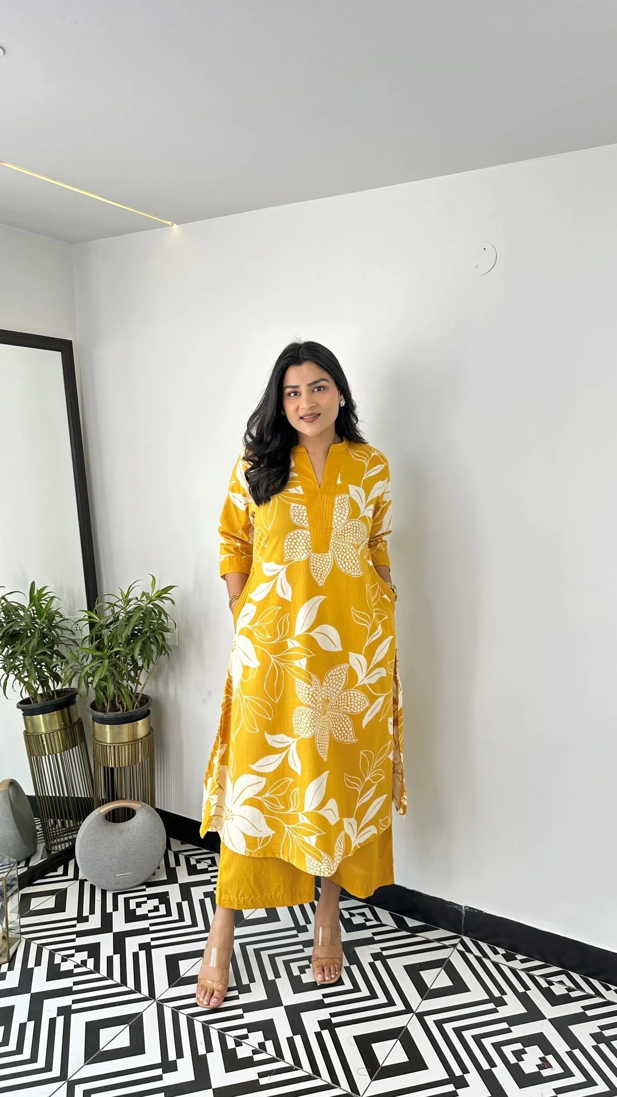 Yellow Floral Georgette Kurta Palazzo Set