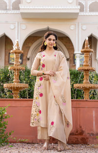 Cream Floral Printed Chanderi Kurta Set
