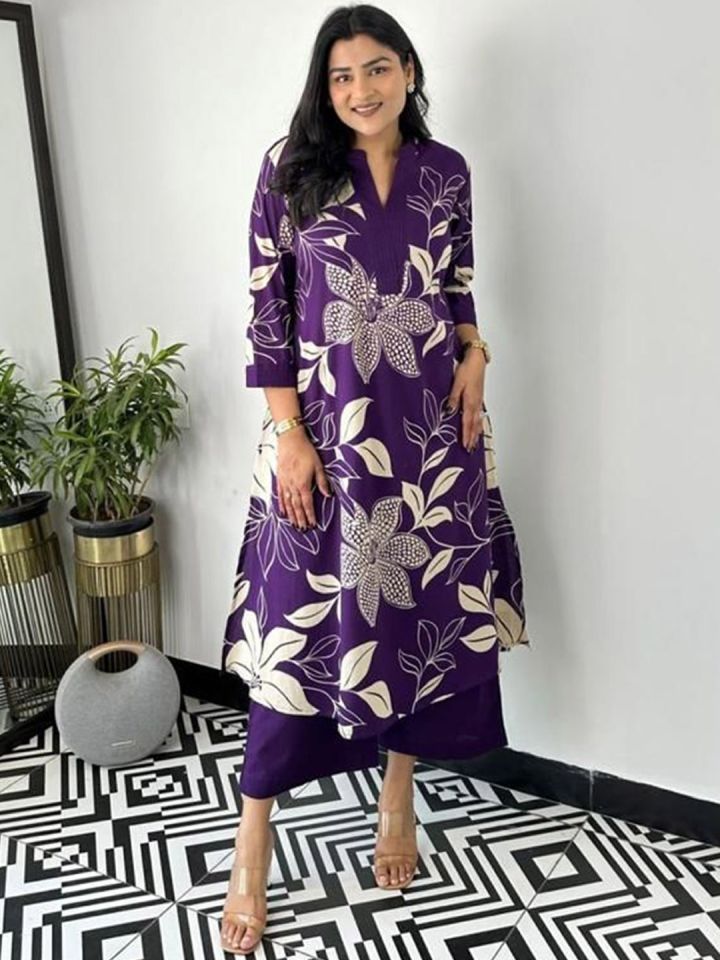 Purple Floral Georgette Kurta Palazzo Set