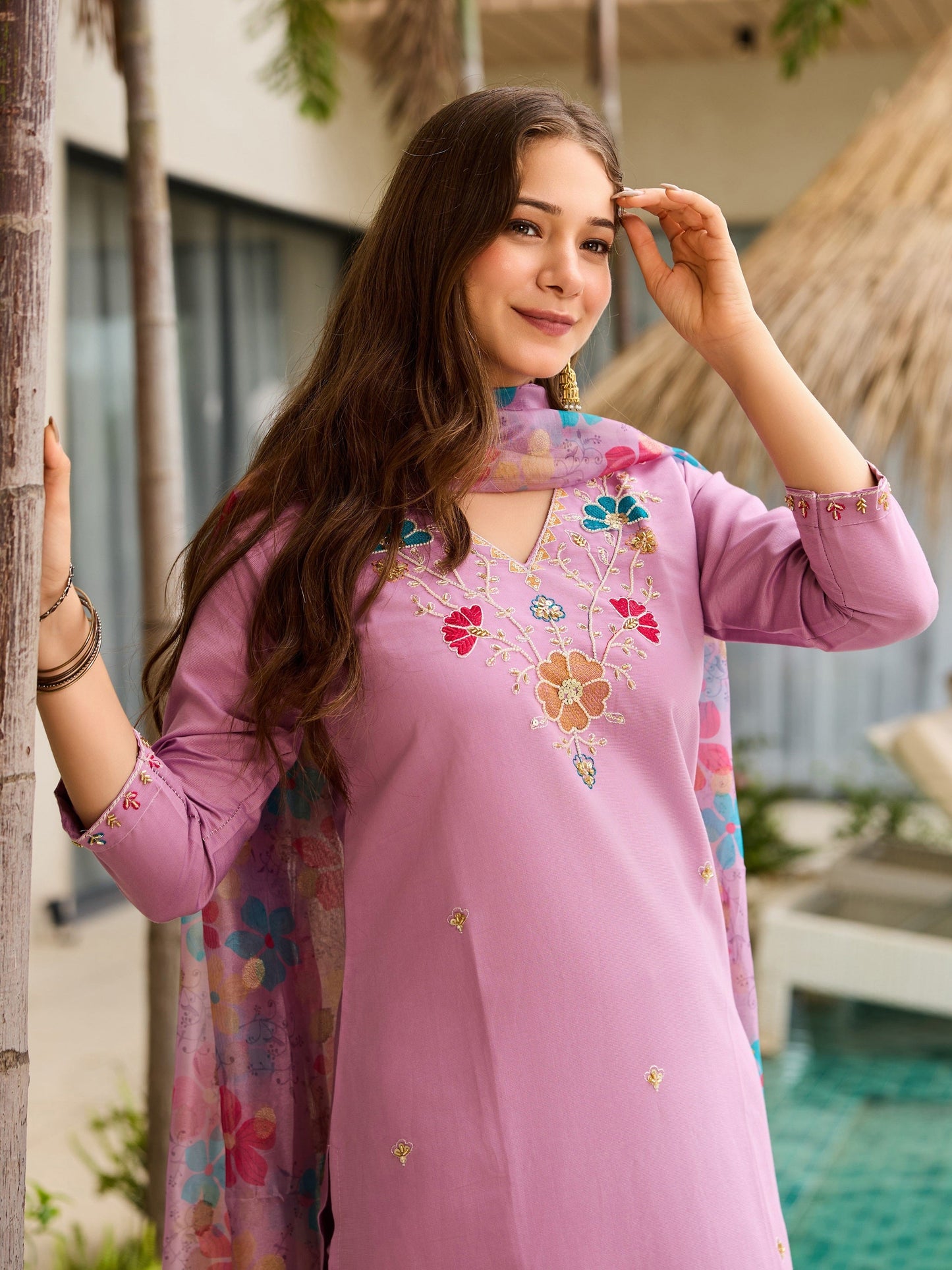 Pink Floral Embroidered Suit Set