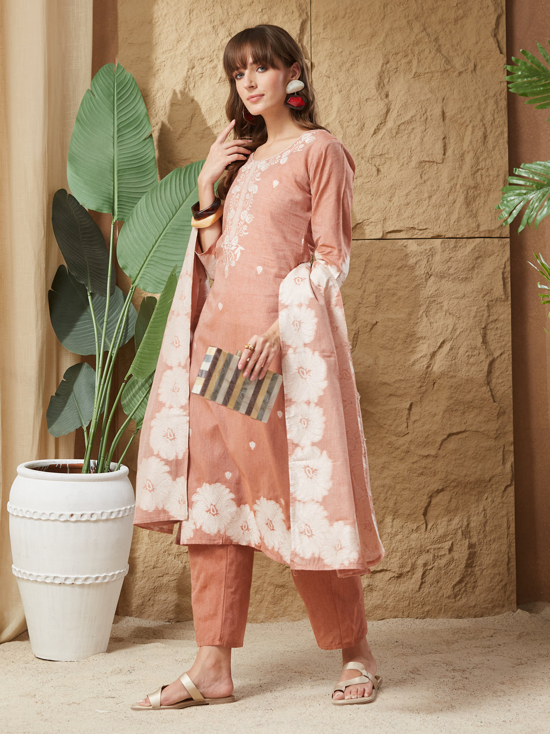 Vintage Rust Orange Handloom Cotton Weaving Suit Set