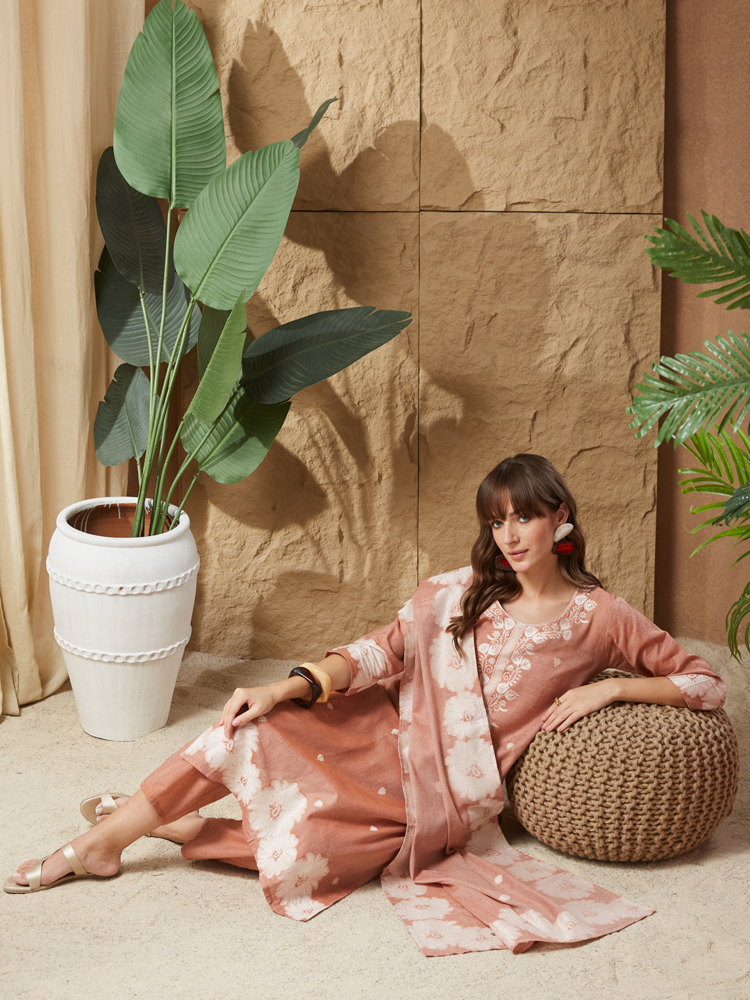 Vintage Rust Orange Handloom Cotton Weaving Suit Set