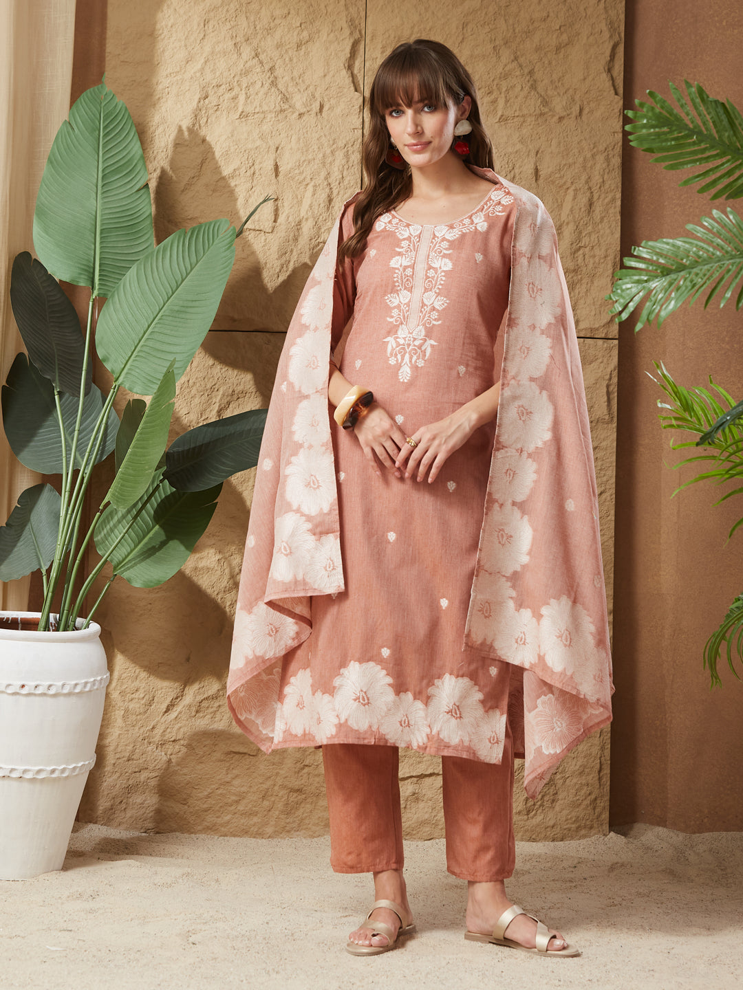 Vintage Rust Orange Handloom Cotton Weaving Suit Set