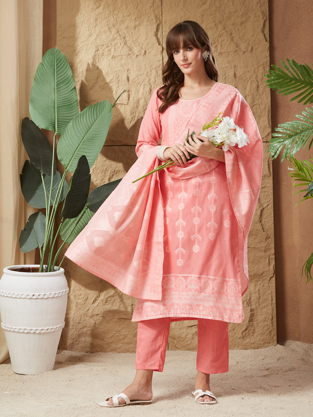 Vintage Peach Handloom Cotton Weaving Suit Set