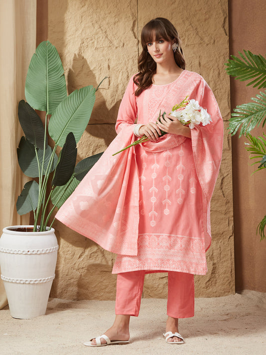 Vintage Peach Handloom Cotton Weaving Suit Set