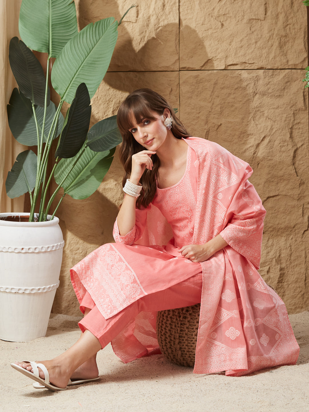 Vintage Peach Handloom Cotton Weaving Suit Set