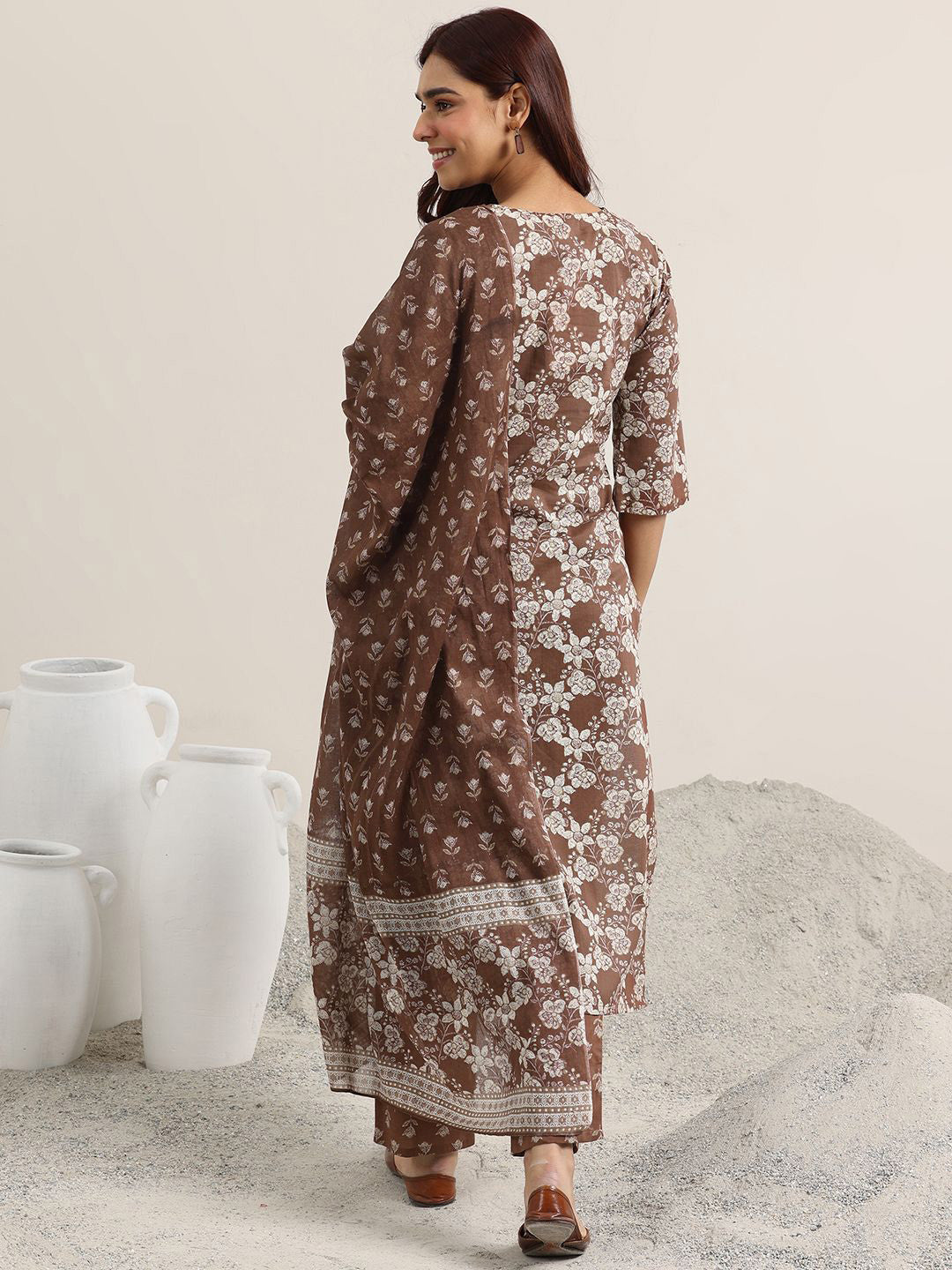 Brown Printed Magic Cotton Kurta Set
