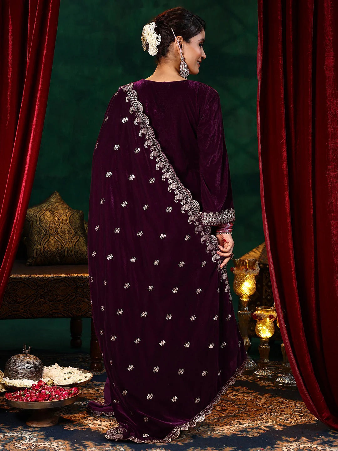 Maroon Embroidered Velvet A-Line Suit Set