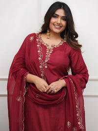 Maroon Viscose Chanderi Embroidered Kurta Set