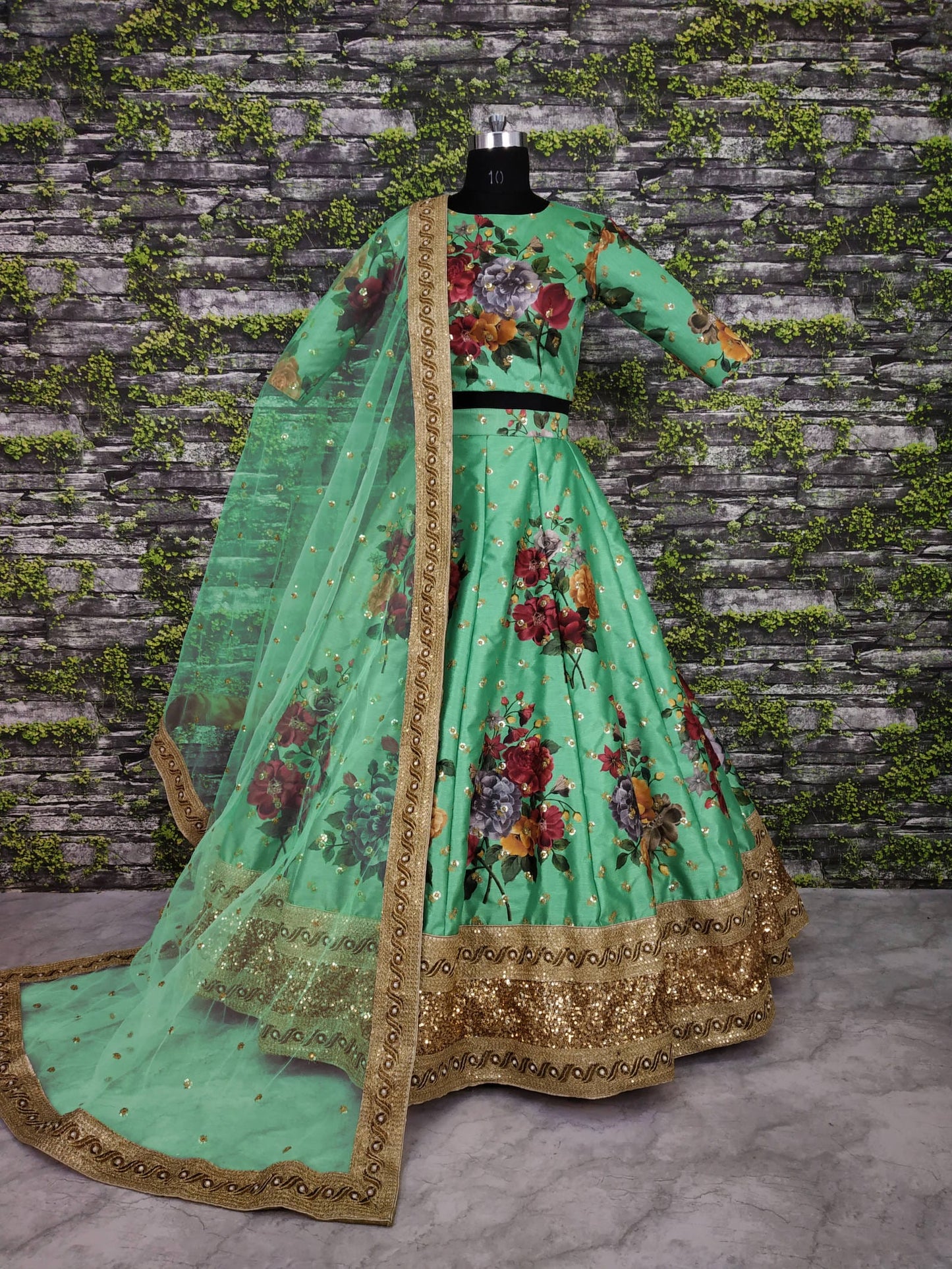 Green Fine Art Silk Pearl Embroidered Lehenga Set