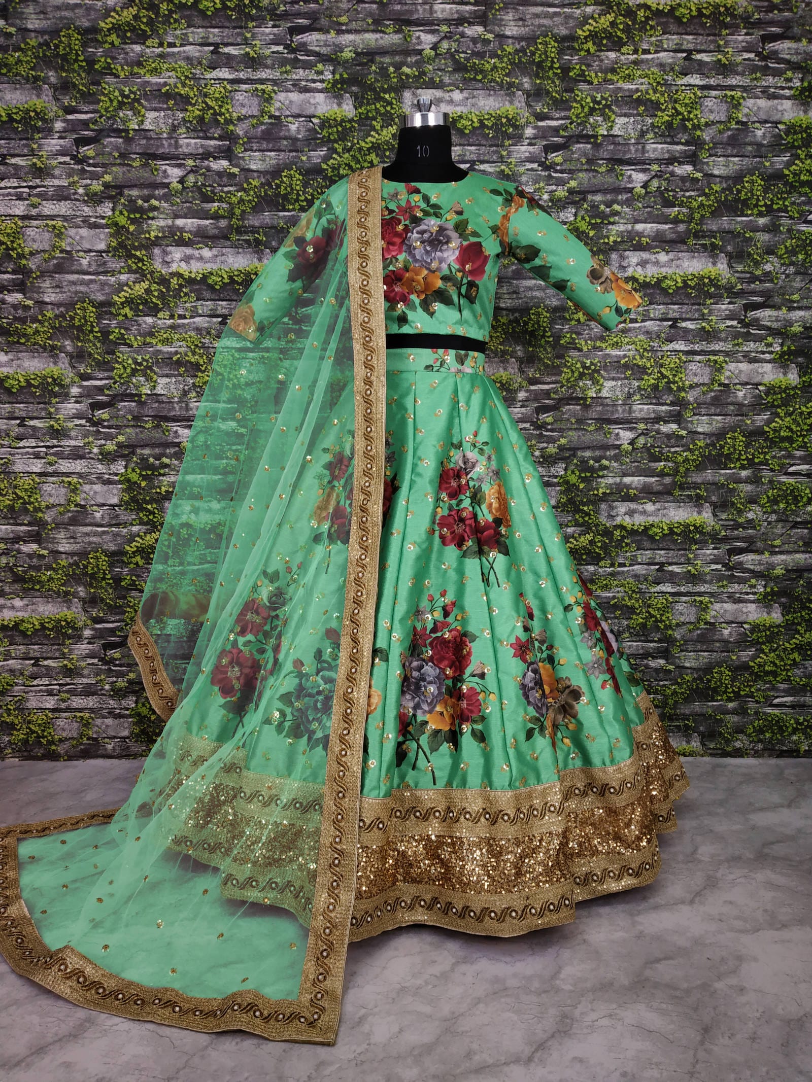 Green Fine Art Silk Pearl Embroidered Lehenga Set