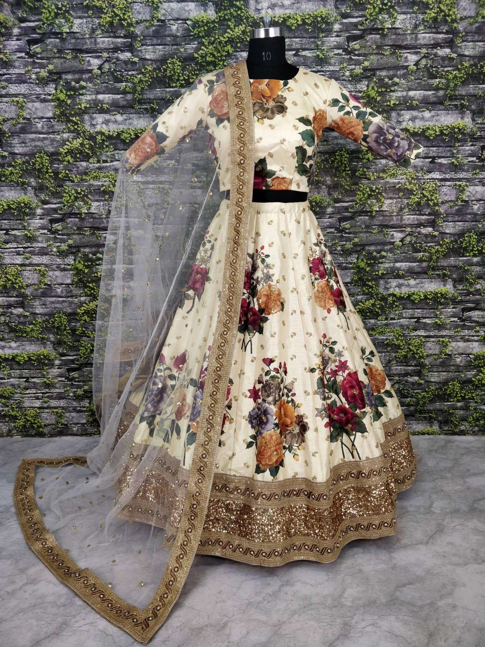 Cream Fine Art Silk Pearl Embroidered Lehenga Set