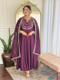 Wine Embroidered Anarkali Suit Set