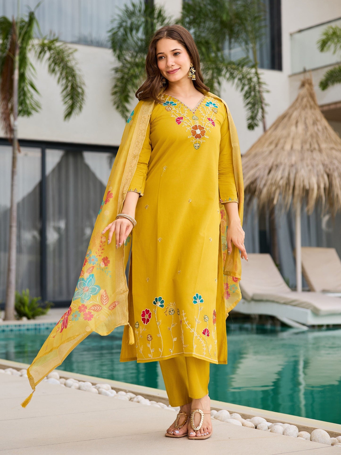 Mustard Yellow Floral Embroidered Suit Set