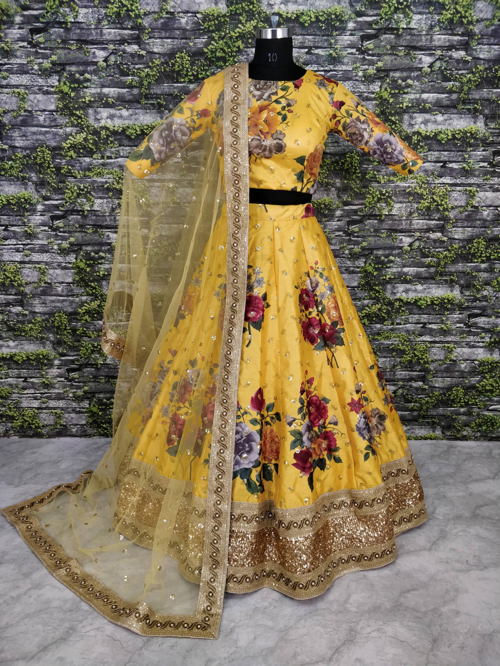 Yellow Fine Art Silk Pearl Embroidered Lehenga Set