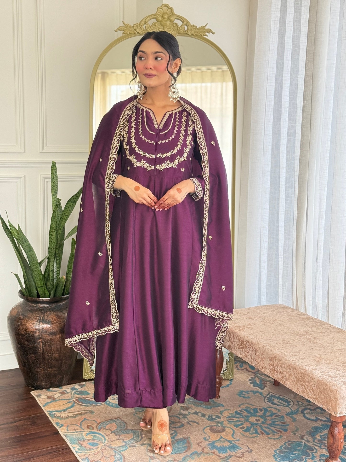 Embroidered Vichitra Silk Anarkali Suit Set