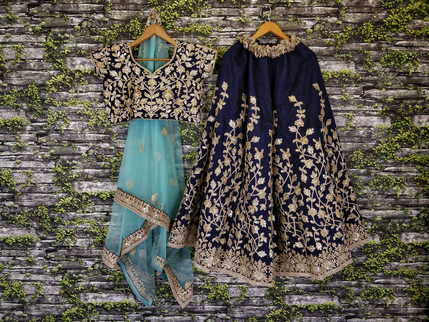 Navy Blue Raw Silk Embroidered Bridal Lehenga Choli