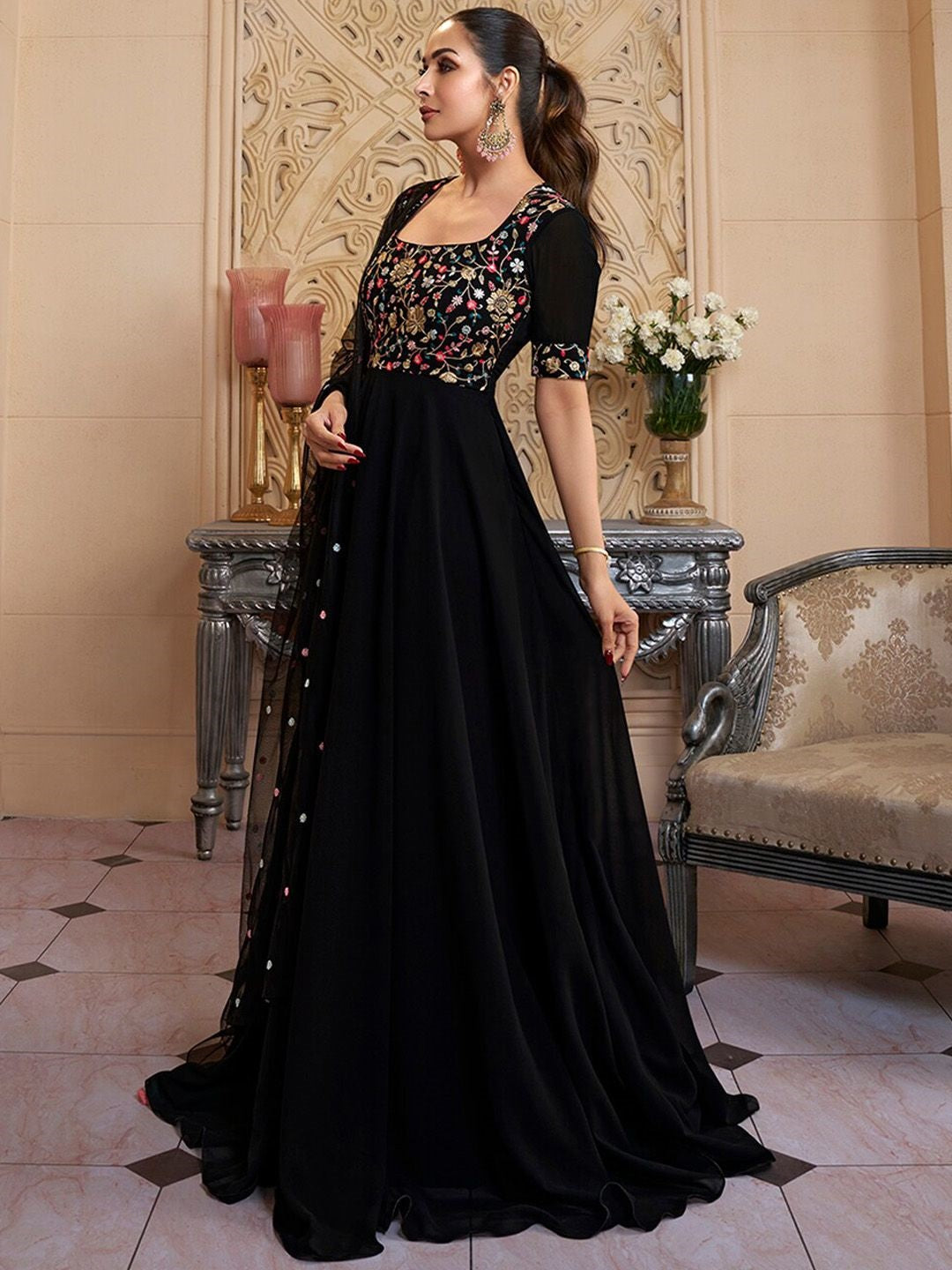 Black Embroidered Georgette Anarkali Kurta Set