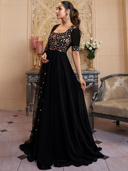 Black Embroidered Georgette Anarkali Kurta Set