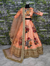Peach Fine Art Silk Pearl Embroidered Lehenga Set