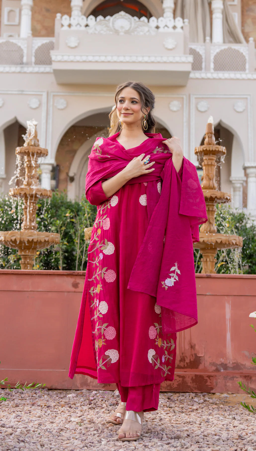 Rani Pink Floral Printed Chanderi Kurta Set