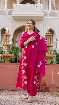 Rani Pink Floral Printed Chanderi Kurta Set