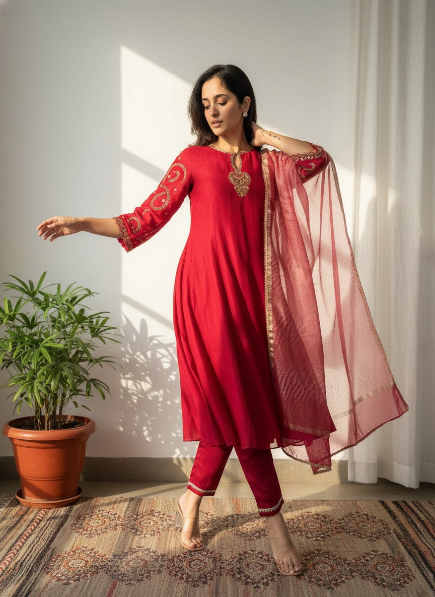 Red Viscose Chanderi Embroidered Kurta Set