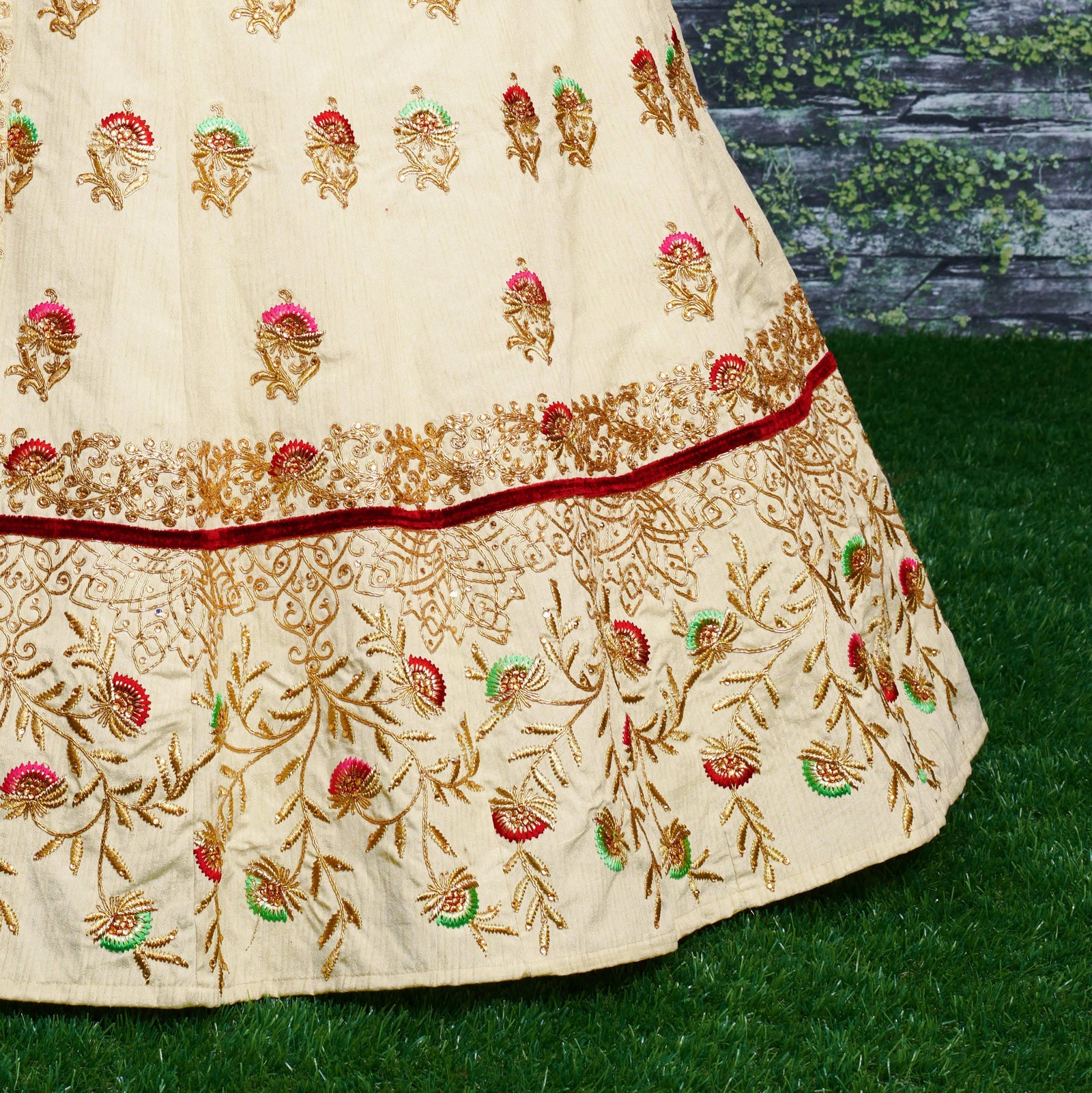 Ivory Bloom Embroidered Slub Silk Lehenga Set