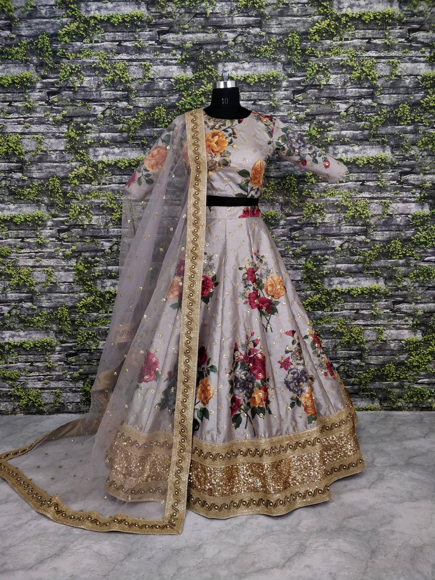 Grey Fine Art Silk Pearl Embroidered Lehenga Set
