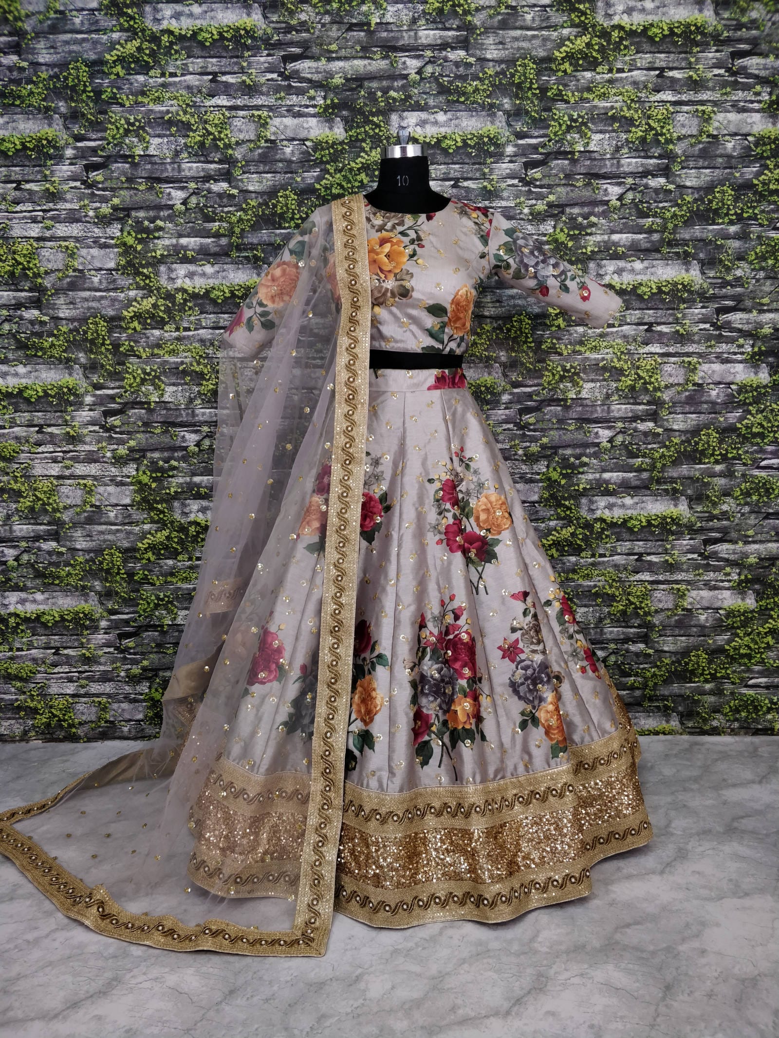 Grey Fine Art Silk Pearl Embroidered Lehenga Set