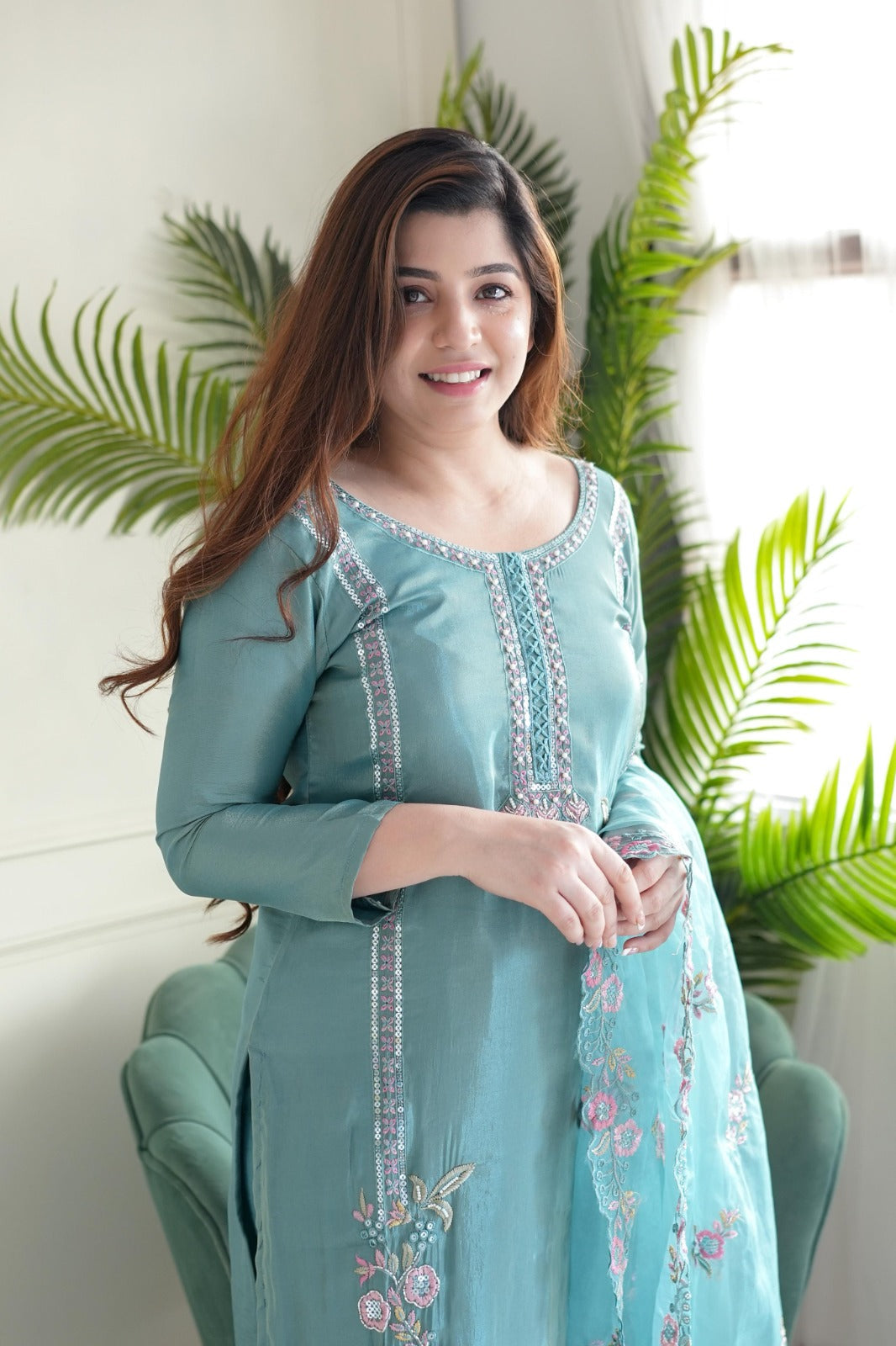 Azurea Sky Blue Pure Chinon Suit Set