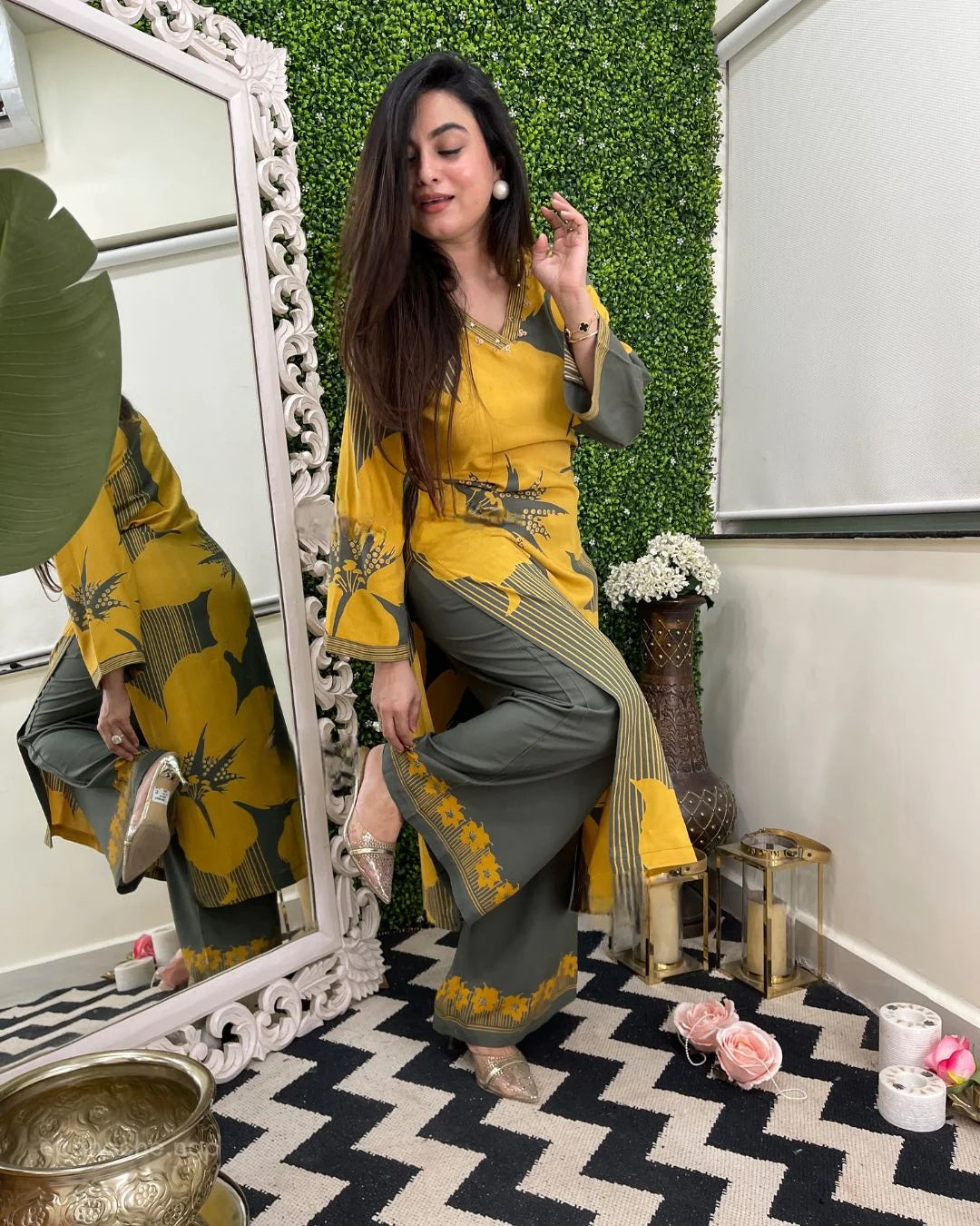 Mustard Bloom Embroidered Rayon Co-Ord Set