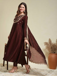 Brown Embroidered Vichitra Silk Sharara Suit Set